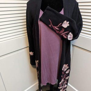 Black Coat Sweater w/ Floral Embroidery - Women's XL